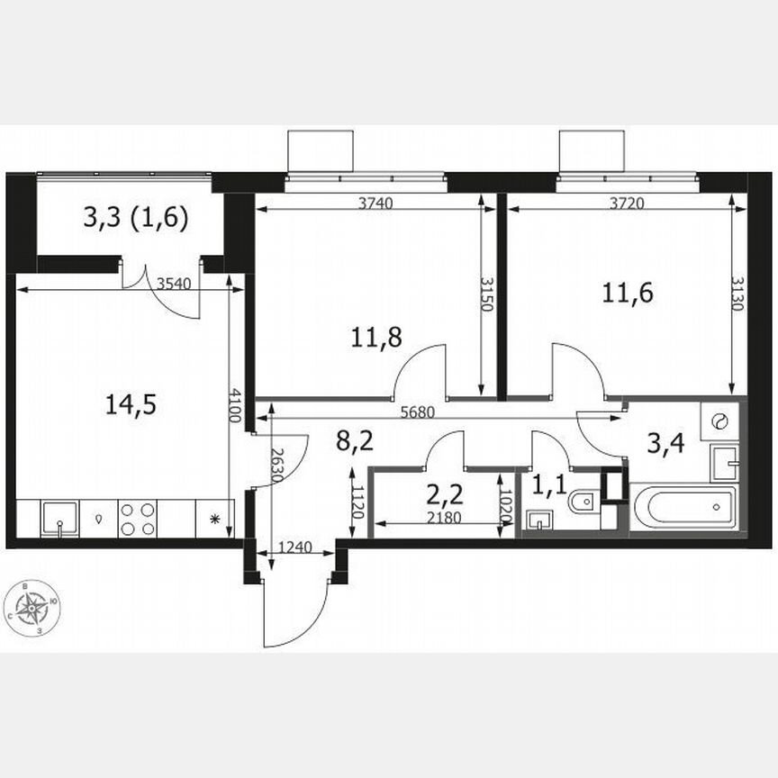 2-к. квартира, 54,4 м², 10/14 эт.
