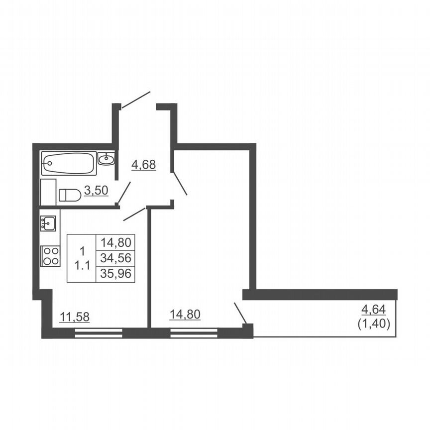 1-к. квартира, 36 м², 8/16 эт.