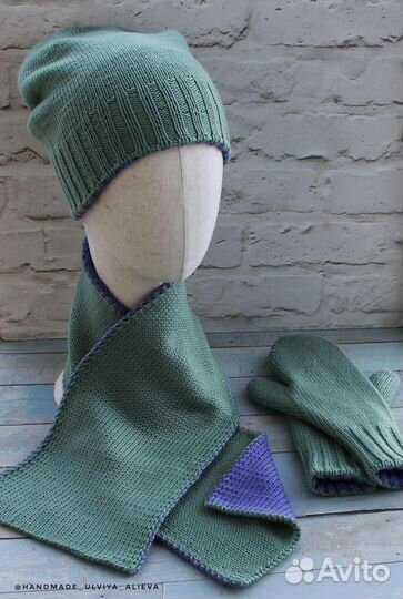 Комплект шапка,шарф и варежки двухсторонние