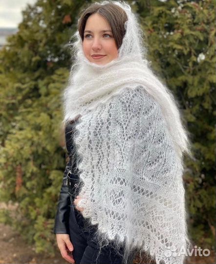 Палантин белый Шарф вязаный ручная работа