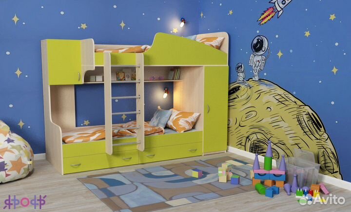 Двухъярусная детская кровать со шкафом.Любые цвета