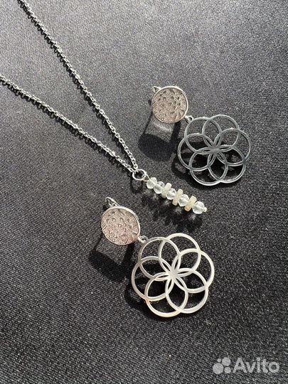 Цветок Жизни Комплект серьги и подвеска аквамарин