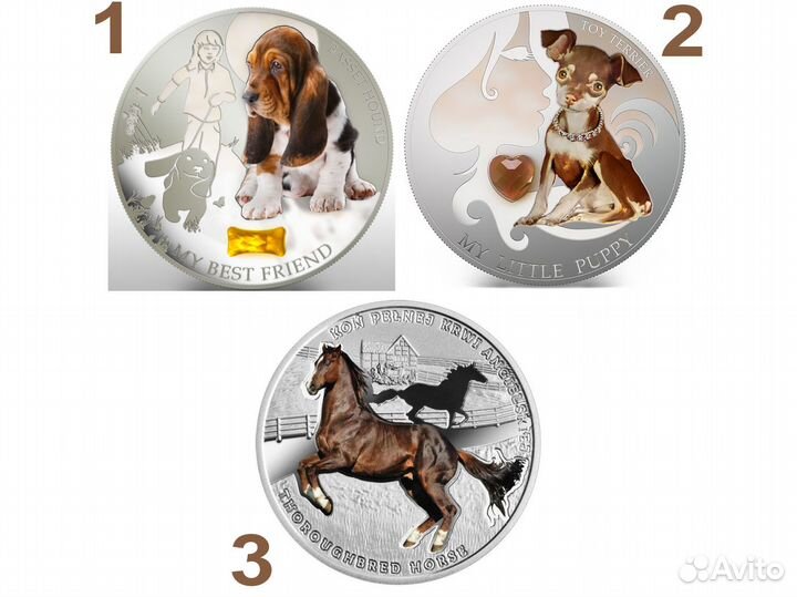 Серебряные монеты Собаки Кошки Лошади
