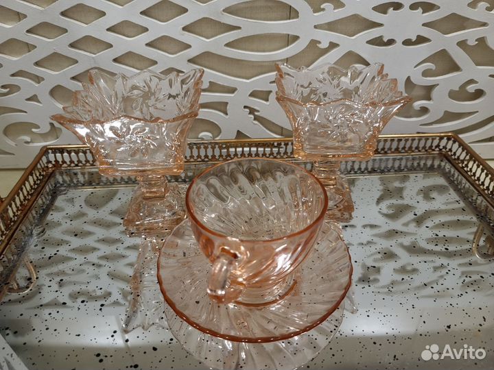 Карамельное стекло, хрусталь, сахарница, блюдо