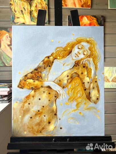 Картина маслом девушка золото безмятежность сон