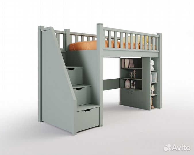 Кровать-чердак со стеллажом и лестницей с ящиками