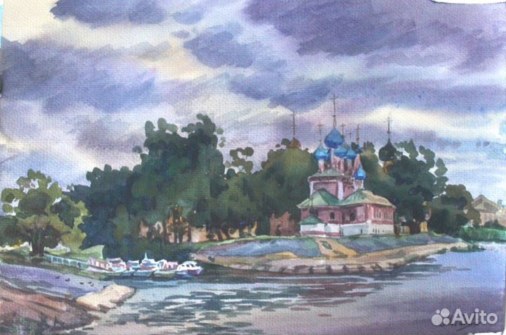 Акварельные картины пейзаж Углич Волга