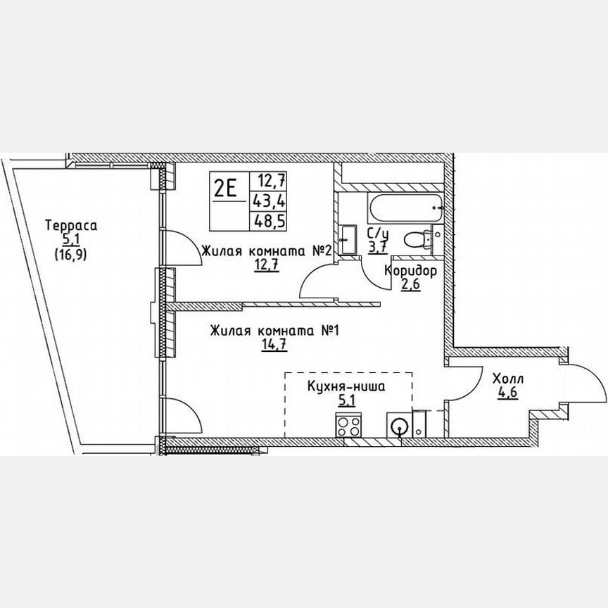 1-к. квартира, 43,4 м², 2/19 эт.