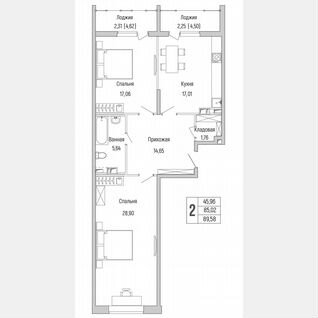 2-к. квартира, 89,6 м², 6/9 эт.