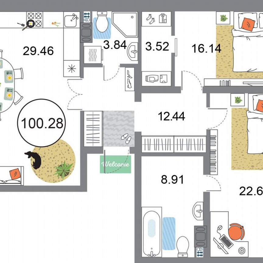 2-к. квартира, 100,3 м², 10/12 эт.