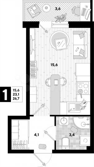 Квартира-студия, 26,7 м², 2/16 эт.