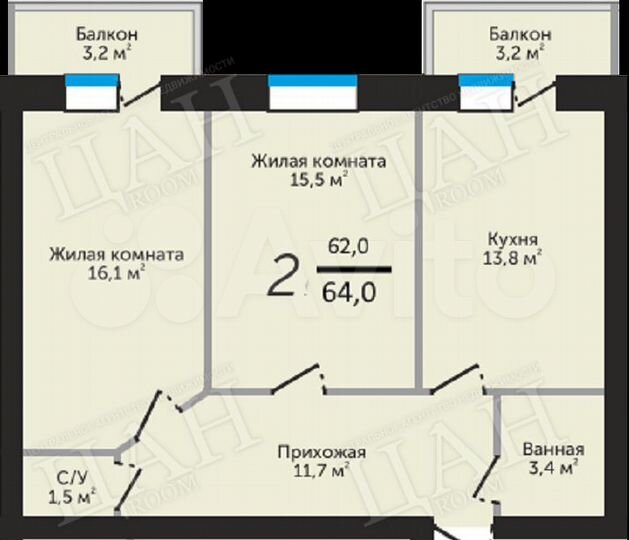 2-к. квартира, 64 м², 2/4 эт.