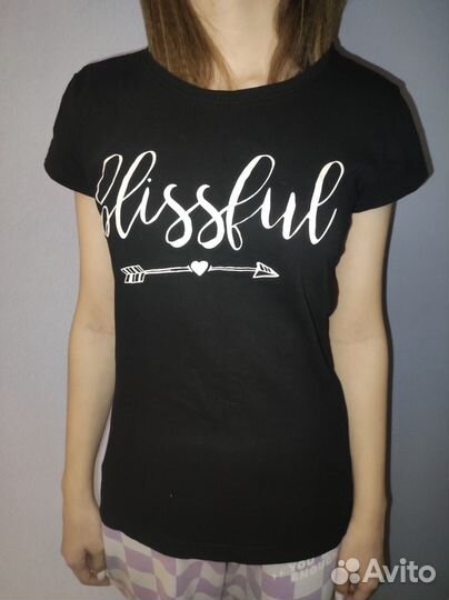 Черная футболка с принтом на девочку, Sinsay, S