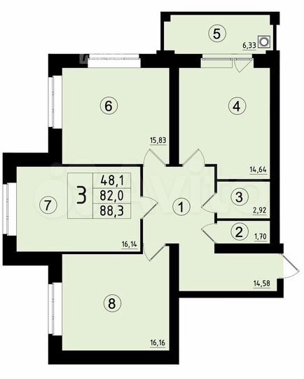 3-к. квартира, 88,3 м², 3/5 эт.