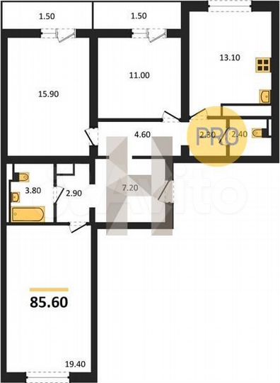 3-к. квартира, 85,6 м², 10/19 эт.