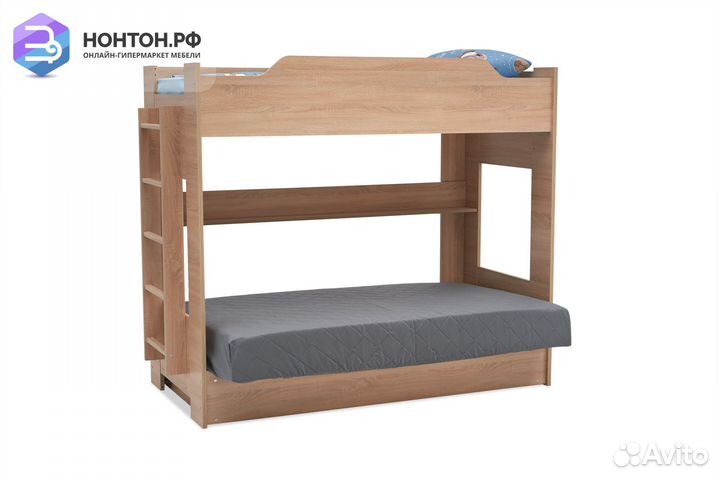 Двухъярусная кровать с диван-кроватью велюр серый