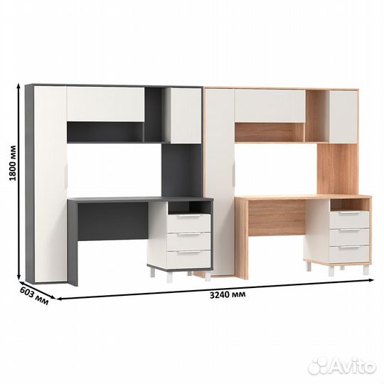 Два компьютерных стола Mobi Комфорт 12.95N с пеналом и тумбой сонома/тёмно-серый/белый