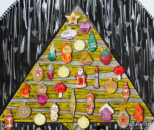 Круглая картина Елка - Елочные грушки СССР