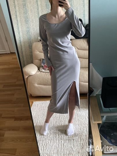Платье лапша серое с длинным рукавом