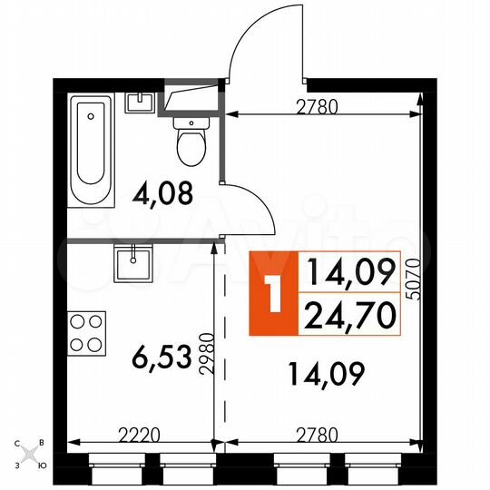 1-к. апартаменты, 24,7 м², 6/15 эт.