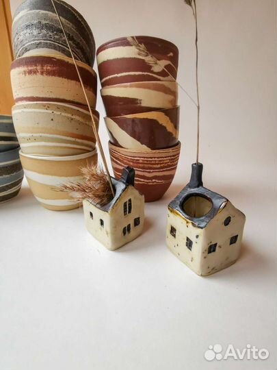 Керамические горшочки домики и подсвечники елочки
