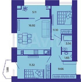 2-к. квартира, 61,4 м², 7/9 эт.