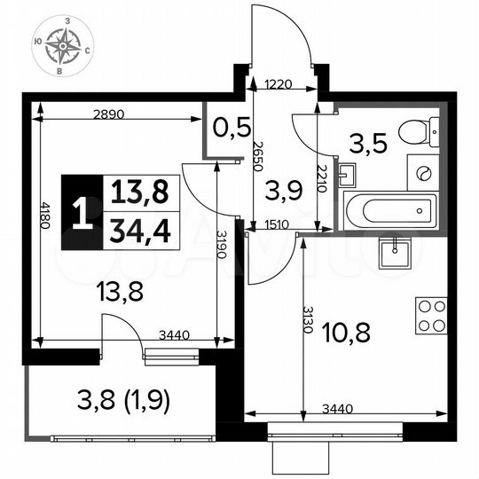 1-к. квартира, 34,4 м², 16/25 эт.