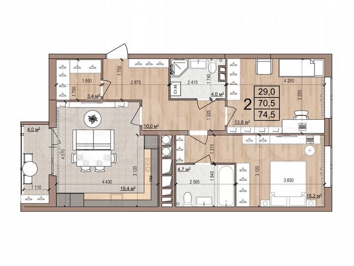 2-к. квартира, 74,5 м², 3/16 эт.