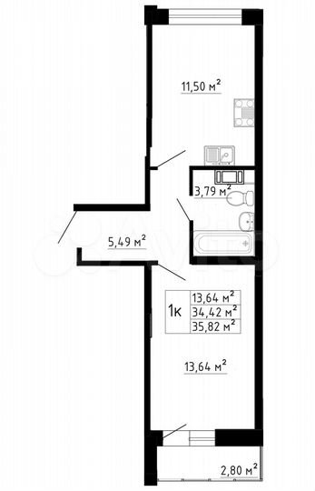 1-к. квартира, 34,3 м², 5/8 эт.