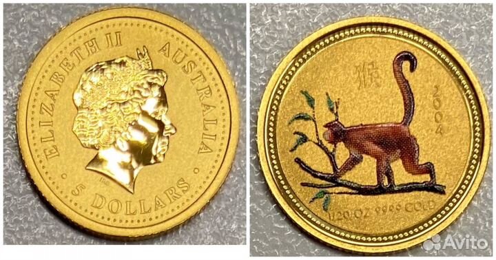 Австралия 5 долл 2004г. Золото 999,9. Год Обезьяны
