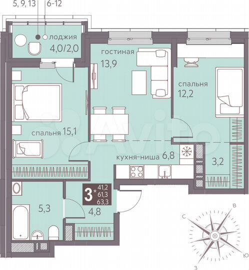 3-к. квартира, 63,3 м², 11/16 эт.