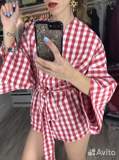 Рубашка женская кимоно в клетку красная