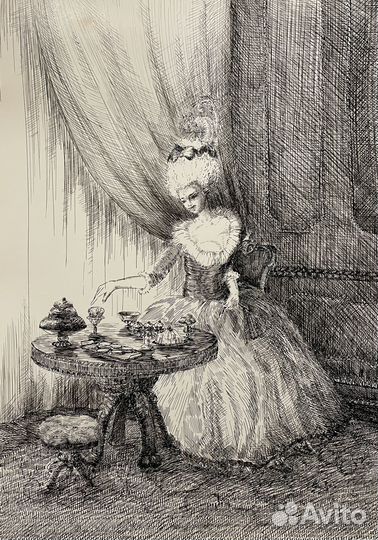 Картина «Завтрак» 40х50 тушь, перо