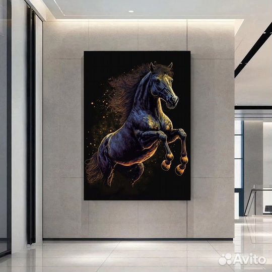 Картина маслом черная лошадь