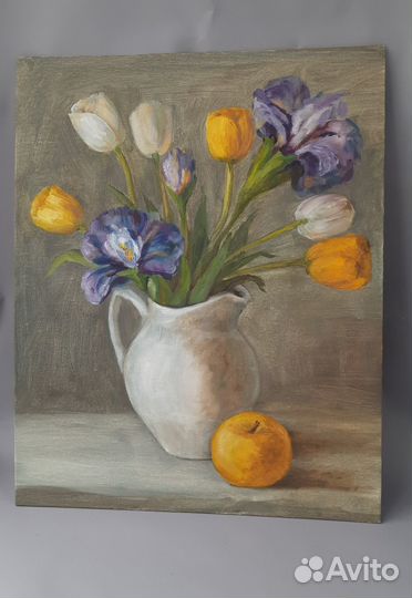 Букет цветов Ирисы и Тюльпаны Картина маслом 40\50