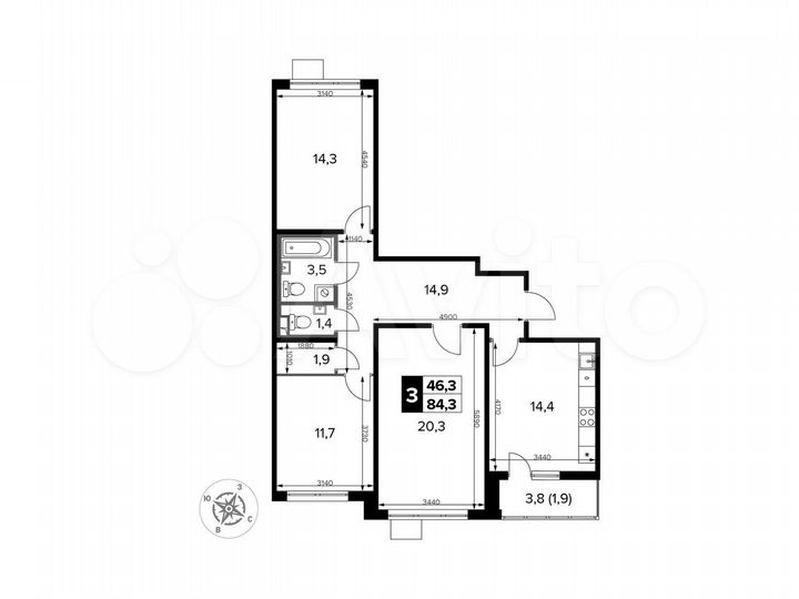 3-к. квартира, 84,3 м², 11/24 эт.