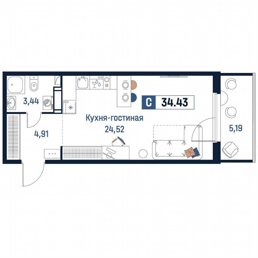 Квартира-студия, 34,4 м², 7/18 эт.