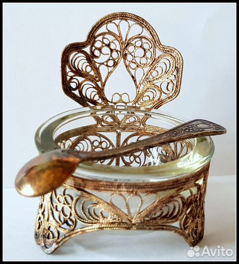 Винтажная солонка (икорница) филигранная с ложкой