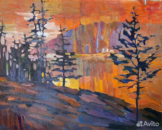 Картина маслом Пейзаж оранжевый закат на холсте