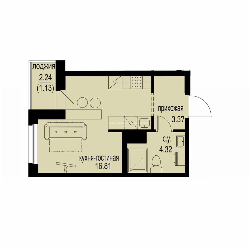 Квартира-студия, 25,6 м², 6/12 эт.