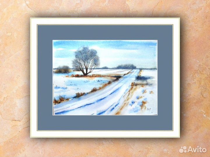 Картина Зимний пейзаж акварель 19.5 на 27 см