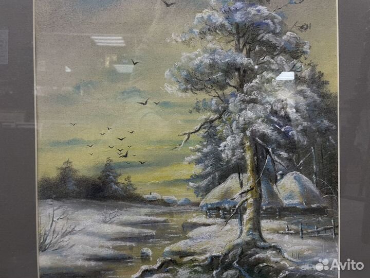 Картина в раме, зимний пейзаж. Пастель