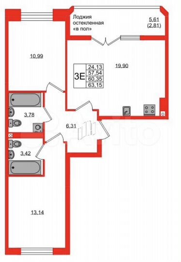 2-к. квартира, 60,4 м², 7/9 эт.