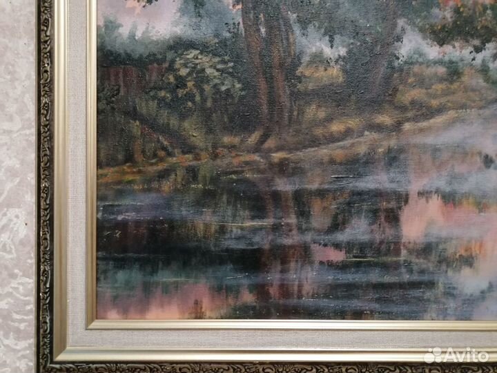 Картина новая в рамке. Сиреневый туман над рекой