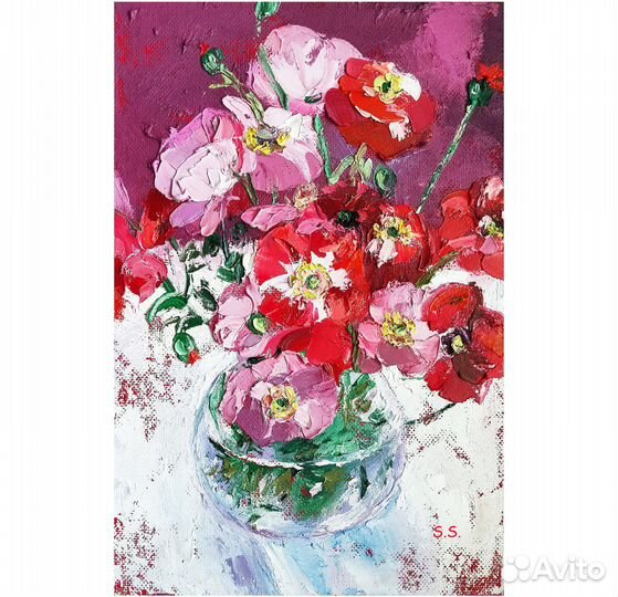 Картина маслом Маки полевые цветы текстурная 41х26