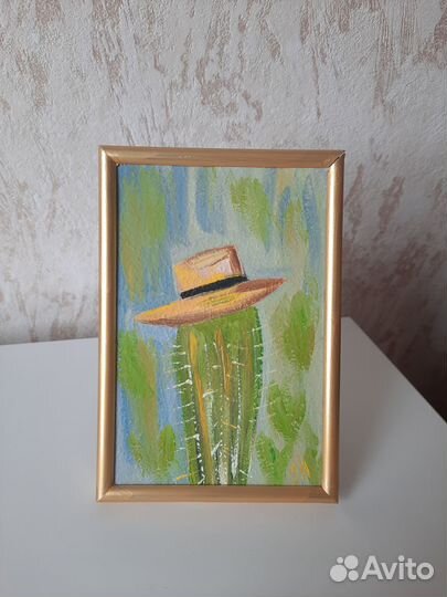 Картина маслом Кактус в шляпе оформленная в рамку