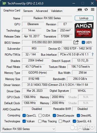 Видеокарта MSI RX 580 8gb armor OC