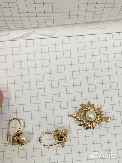 Золотые серьги и кулон с жемчугом СССР
