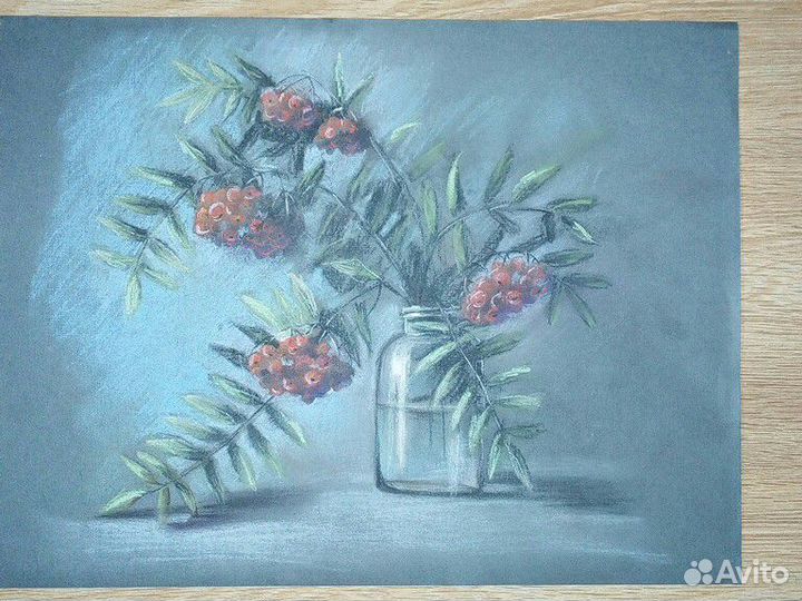 Большая Картина пастелью Ветки рябины