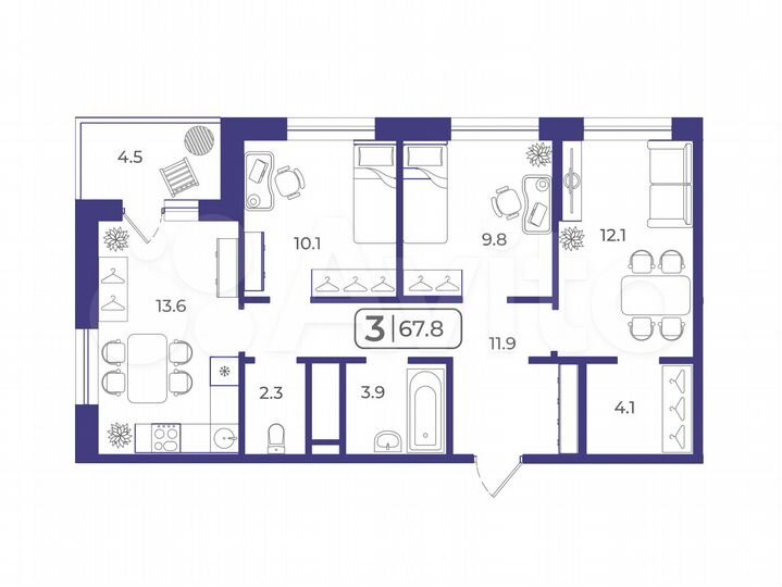 3-к. квартира, 67,8 м², 2/22 эт.